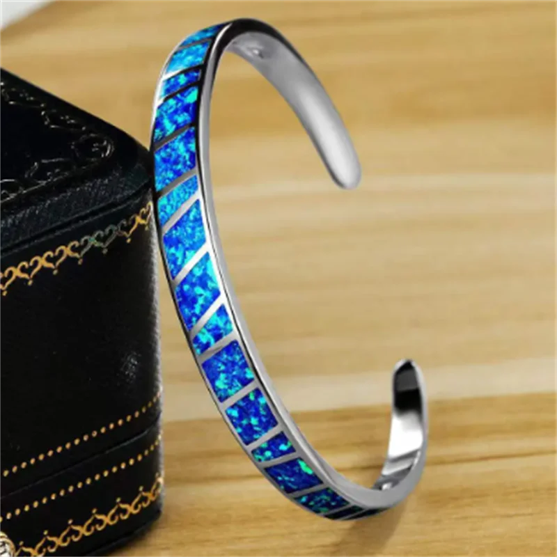 Elegant Silver Blue Fire Opal Adjustable Bangle