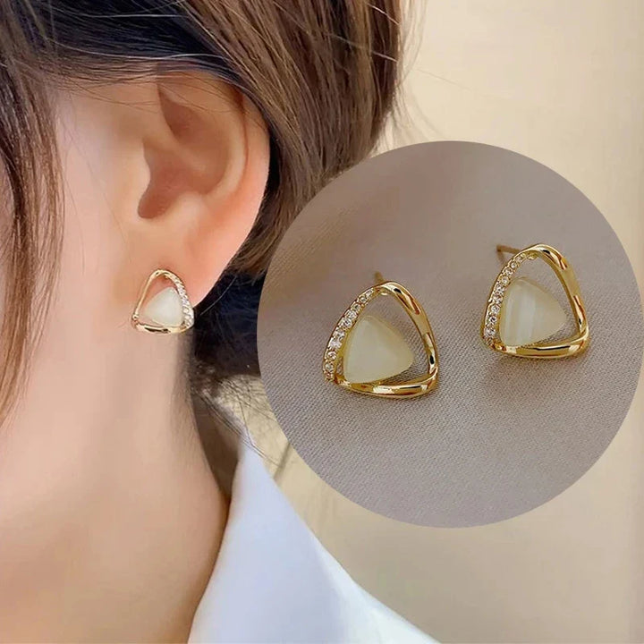 Sophisticated Triangular Opal and Crystal Earrings